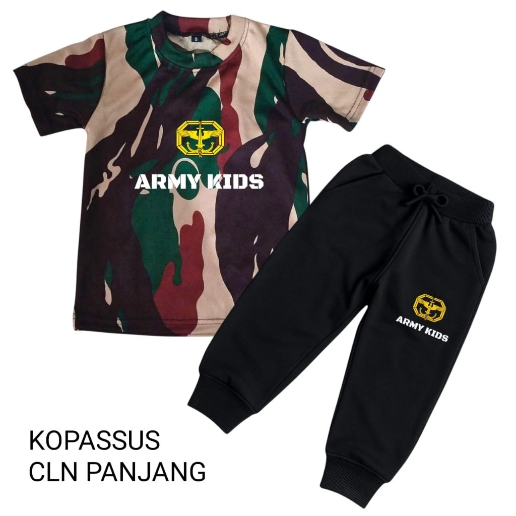 baju kaos army kids celana panjang