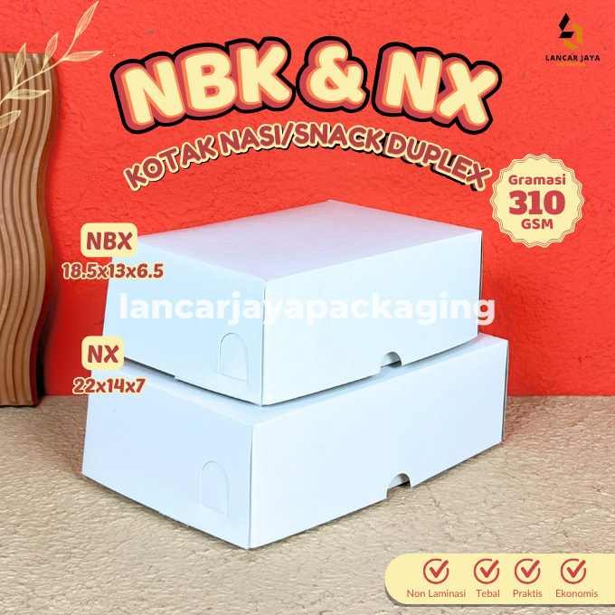 Kotak NBK NX Duplex Putih Polos Dus Wadah Makanan Nasi Snack Kue Pukis 18.5x13x6.5 22x14x7 cm