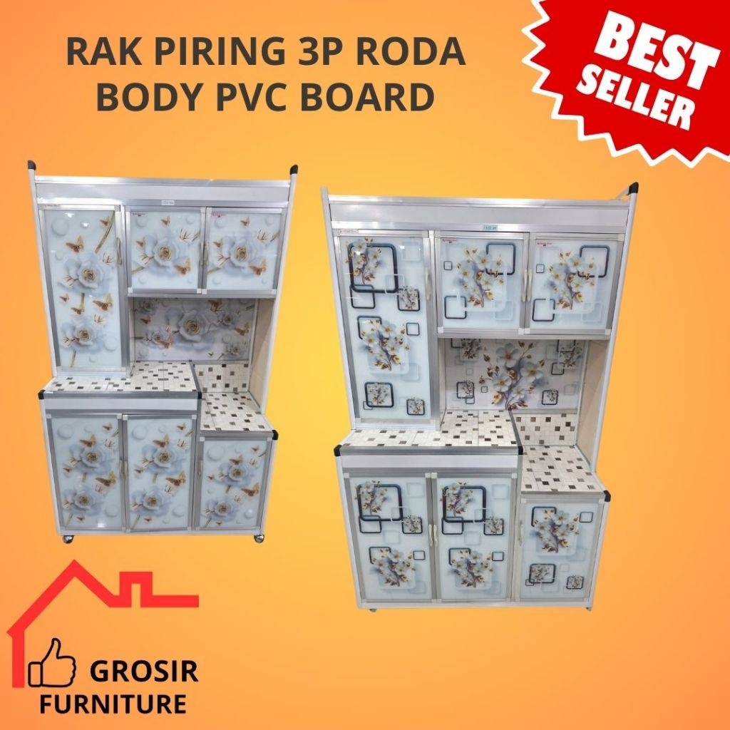 RAK PIRING 3 PINTU RODA ALUMINIUM SUPER - BODY SAMPING PVC BOARD - SASA 3 PINTU