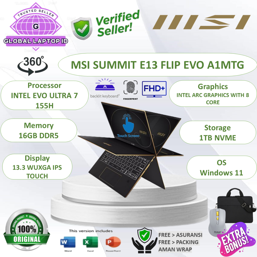 Laptop Bisnis Touchscreen MSI SUMMIT FLIP EVO A13MT SERIES Intel EVO RAM 32GB SSD 1TB SSD Windows 11