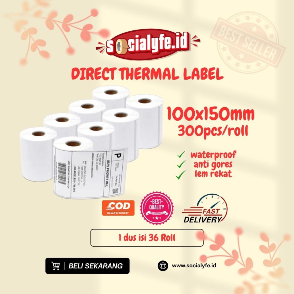 

KERTAS RESI LABEL THERMAL BARCODE ROLL A6 100x150 mm (300 Pcs)