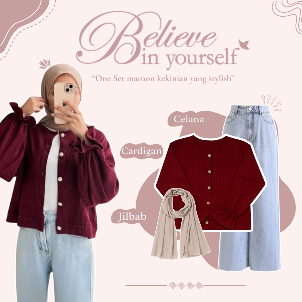 One Set 3in1 Setelan Kekinian Look | Outfit Hang Out Series  | Cardigan + Celana + Hijab - CM126N