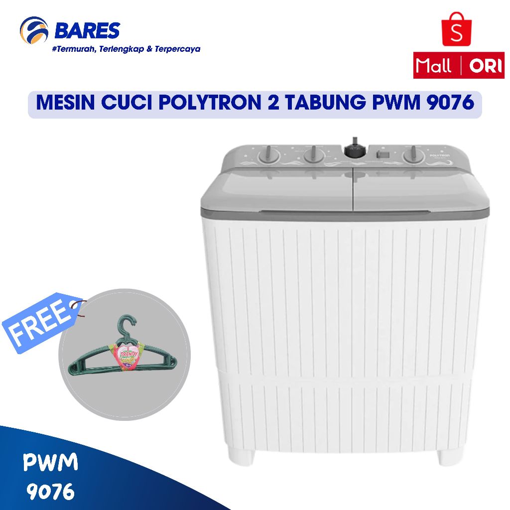 [FREE GIFT] Polytron PWM 9076 G/Y Mesin Cuci 2 Tabung Kapasitas 9 Kg Low Watt