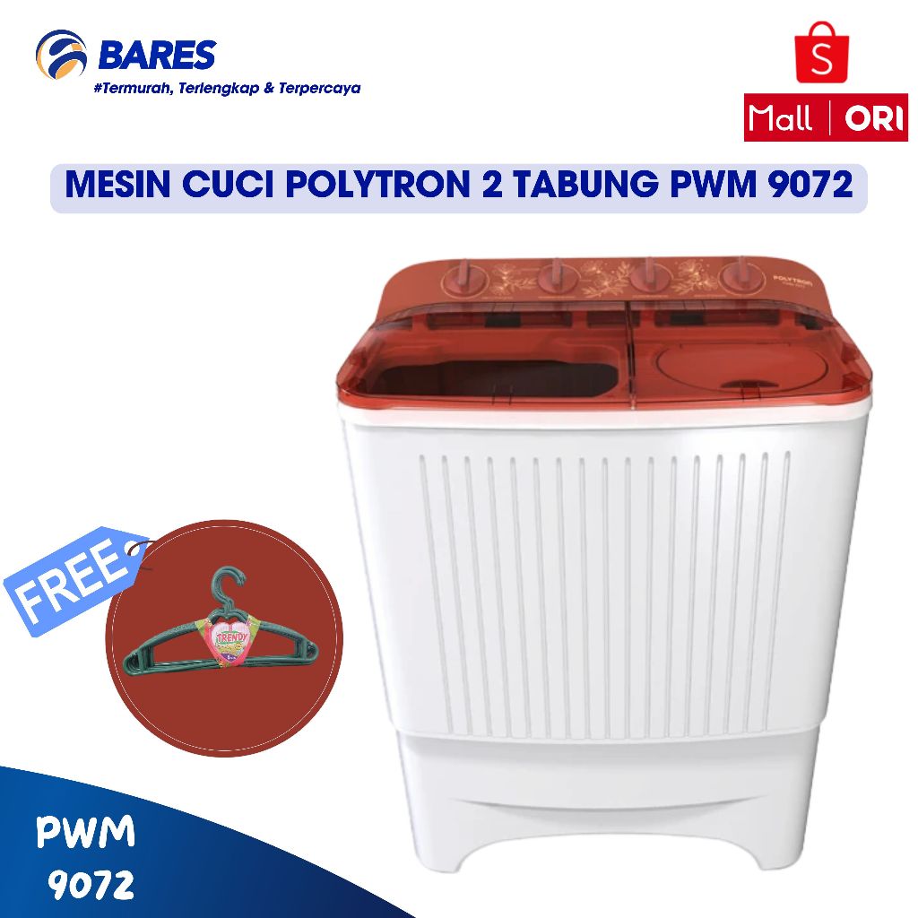 [FREE GIFT] Polytron PWM 9072N/B Mesin Cuci 2 Tabung Kapasitas 9 Kg