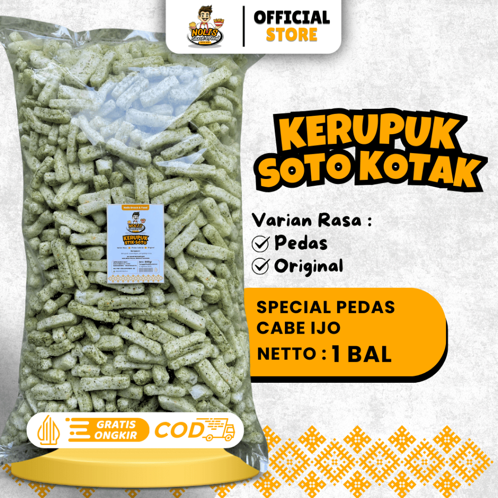 

Kerupuk Soto Kotak Pedas Cabe Ijo (1 Bal) 800 Gram Kerupuk Ikan tongkol/Kerupuk tombok ijo Pedas