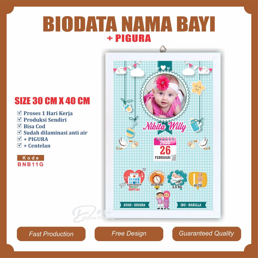 Biodata Kelahiran Bayi + Pigura Ukuran Jumbo 12 R 30 cm x 40 cm BNB11