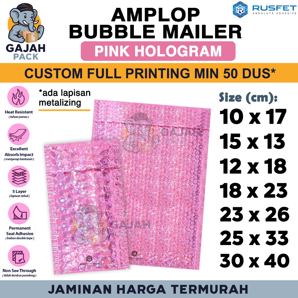 

Amplop Bubble Wrap PINK HOLOGRAM Merah Muda Envelope Bubble Bag Mailer Safety Security Packing Perekat Paket Premium Murah RUSFET / SATUAN
