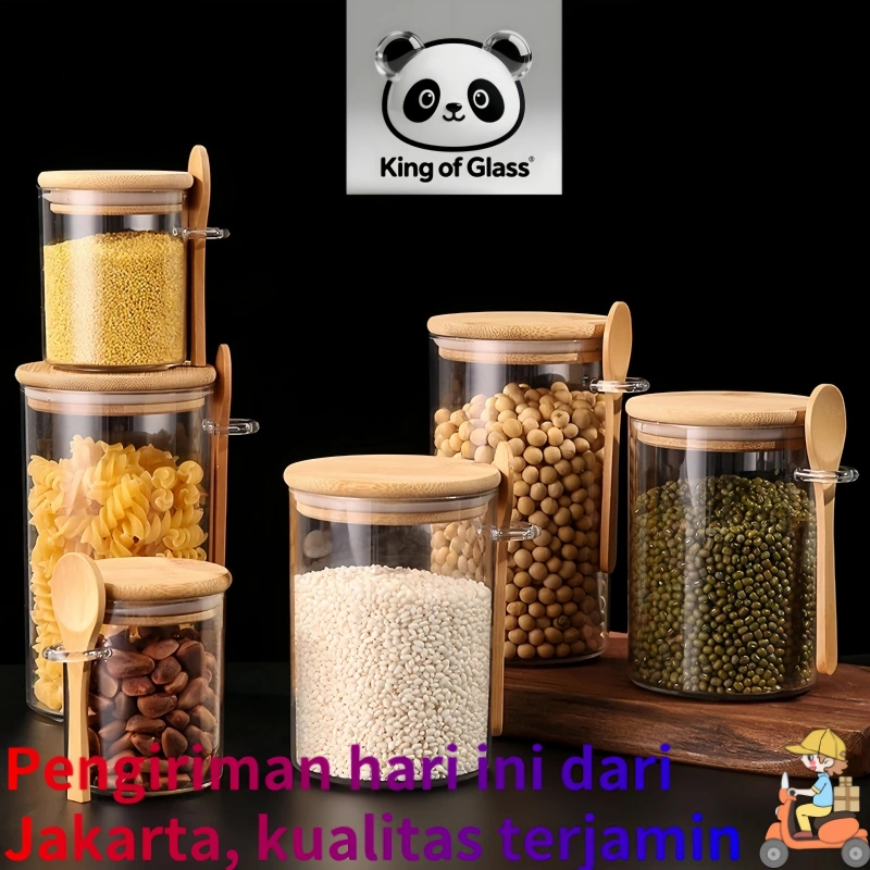 Toples Kaca Penyimpanan Kedap Udara tutup kayu dengan sendok