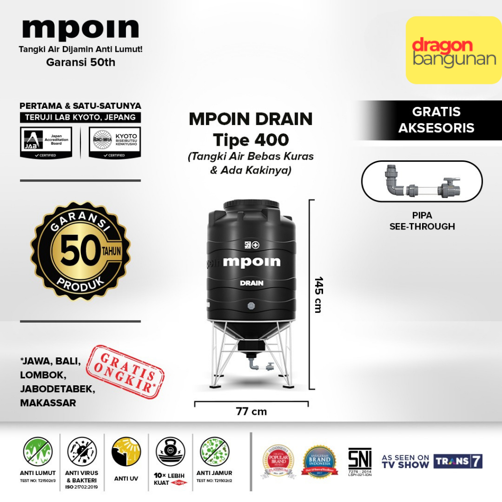 Tangki Air Mpoin Drain 400 - Toren Tandon Air Mpoin Garansi 50 Tahun