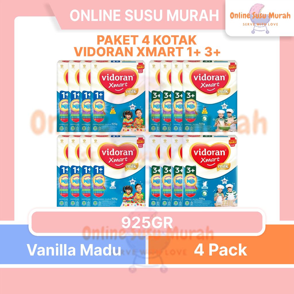 VIDORAN PAKET 4 KOTAK XMART 1+ 3+ 925GR VANILA MADU TAHAP 1 DAN 3 925 GR SUSU ANAK MURAH SMART SSKD