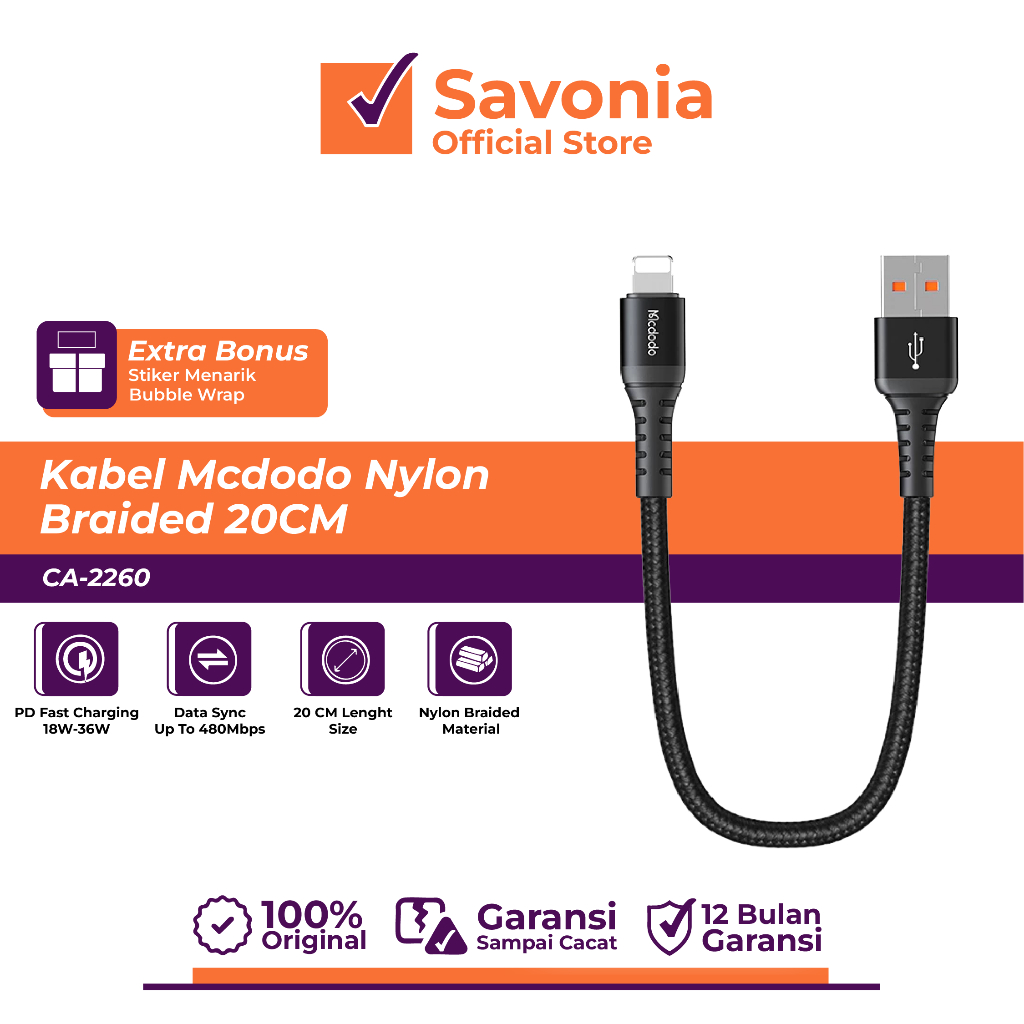 Mcdodo Kabel Data Lightning 20cm – USB-A to Lightning Braided, Fast Charging Power Bank (Banda Aceh)