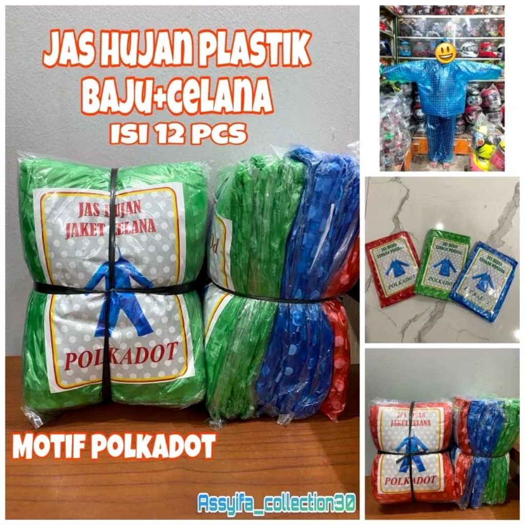 jas hujan plastik setelan jaket celana motif polkadot/ jas hujan plastik tebal