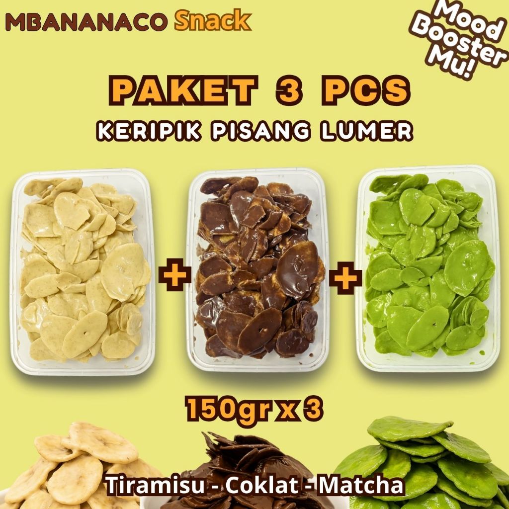 

MBANANACO - Paket3 Keripik pisang Coklat Matcha Tiramisu lumer 150gr x 3 BOX Snack enak Banana Chips