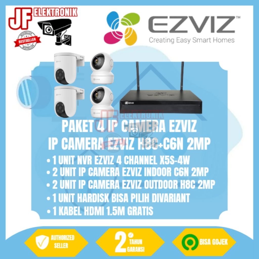 PAKET IP CAMERA EZVIZ 4 CHANNEL 2 IP EZVIZ H8C + 2 IP EZVIZ C6N 2MP TINGGAL PASANG