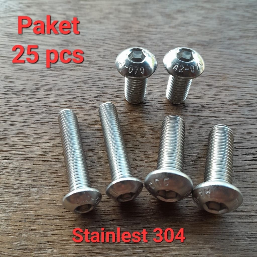 Baut soket button L stainlest 304 M6 (paket 25 pcs) | baut kepala oval kunci L stainlest M6 | baut p