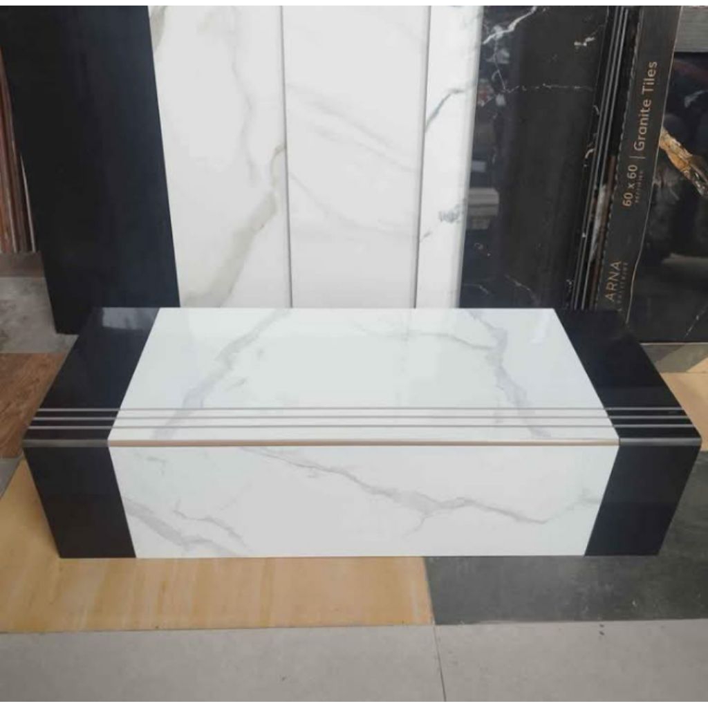 Granit tangga kombinasi hitam UK 30x80 + 20x80 Arna Daiva white.