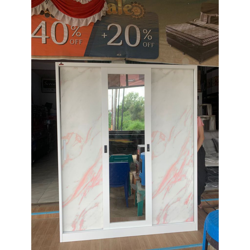 Lemari Pakaian Besi 3 Pintu Sliding Gantungan Tinggi Untuk Gamis dan Long Dress Rak Baju MURATA