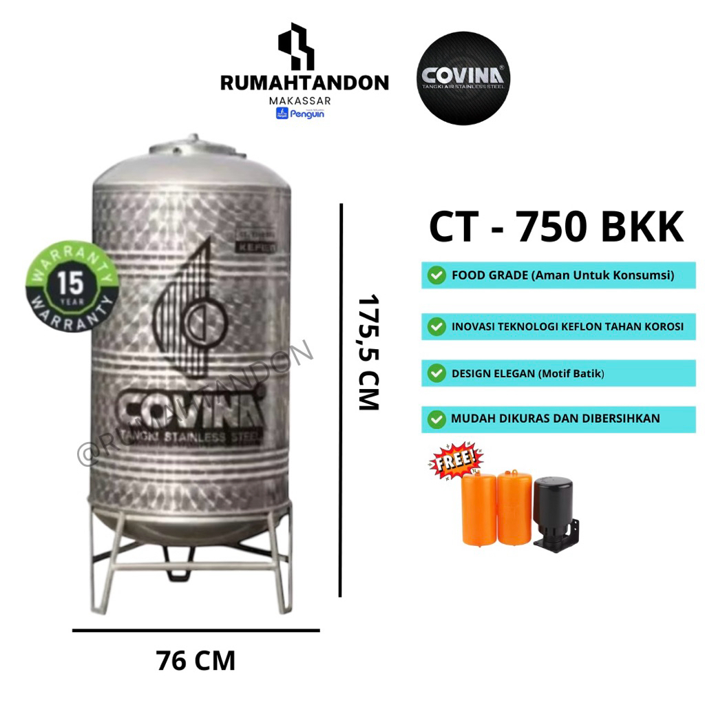 Tangki air / Tandon air / Toren Air Stainless 750 Liter - (750 BKK) Covina