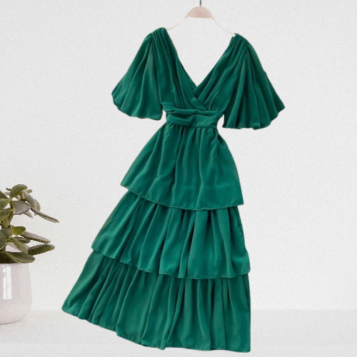 Midi Dress Wanita Susun Rempel Ruffle V Neck Lengan Pendek Butterflu Ngembang Megar Korea Premium Ke
