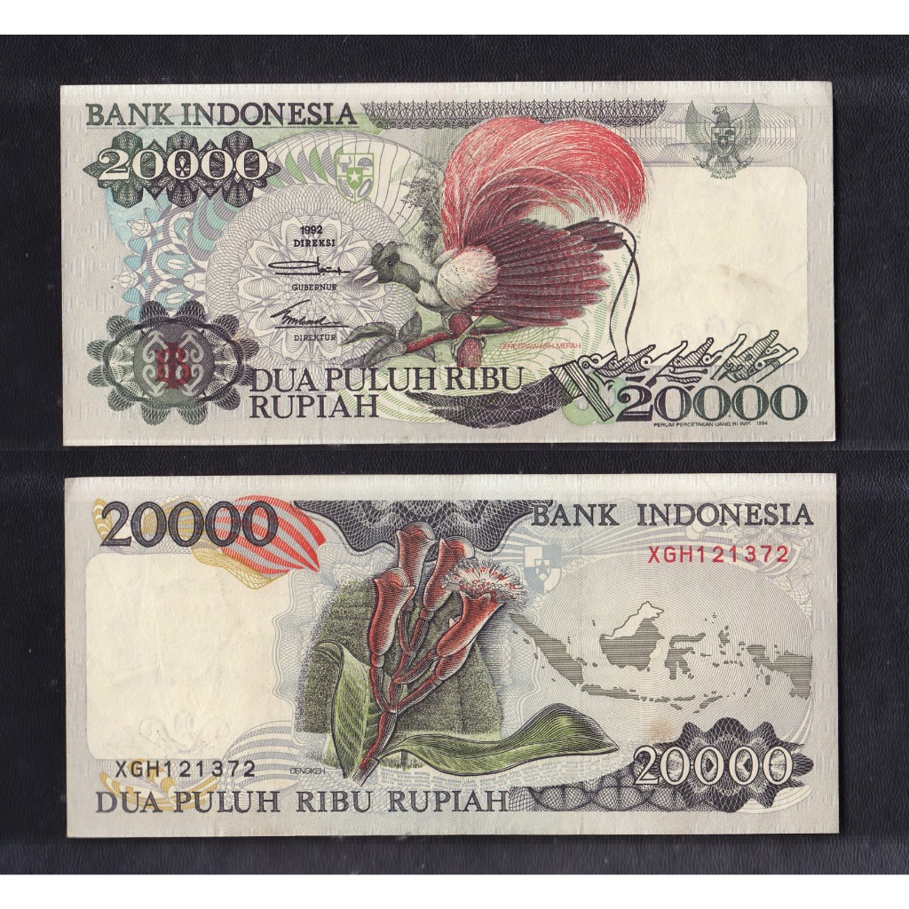 Uang kuno 20000 rupiah tahun 1992 "Cenderawasih Merah #Replacement