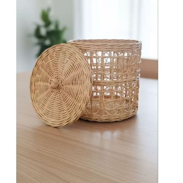 keranjang rotan bulat tutup