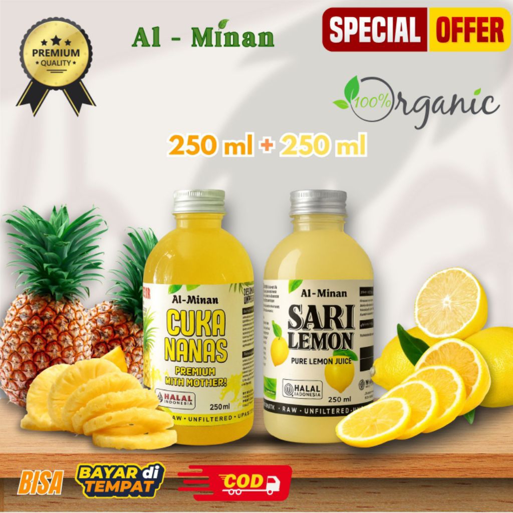 

CUKA NANAS PREMIUM WITH MOTHER MIX SARI LEMON MURNI 100% PERASAN BUAH LEMON 500ML+500ML PINEAPPLE CIDER VINEGAR, PURE LEMON JUICE-AL MINAN yup