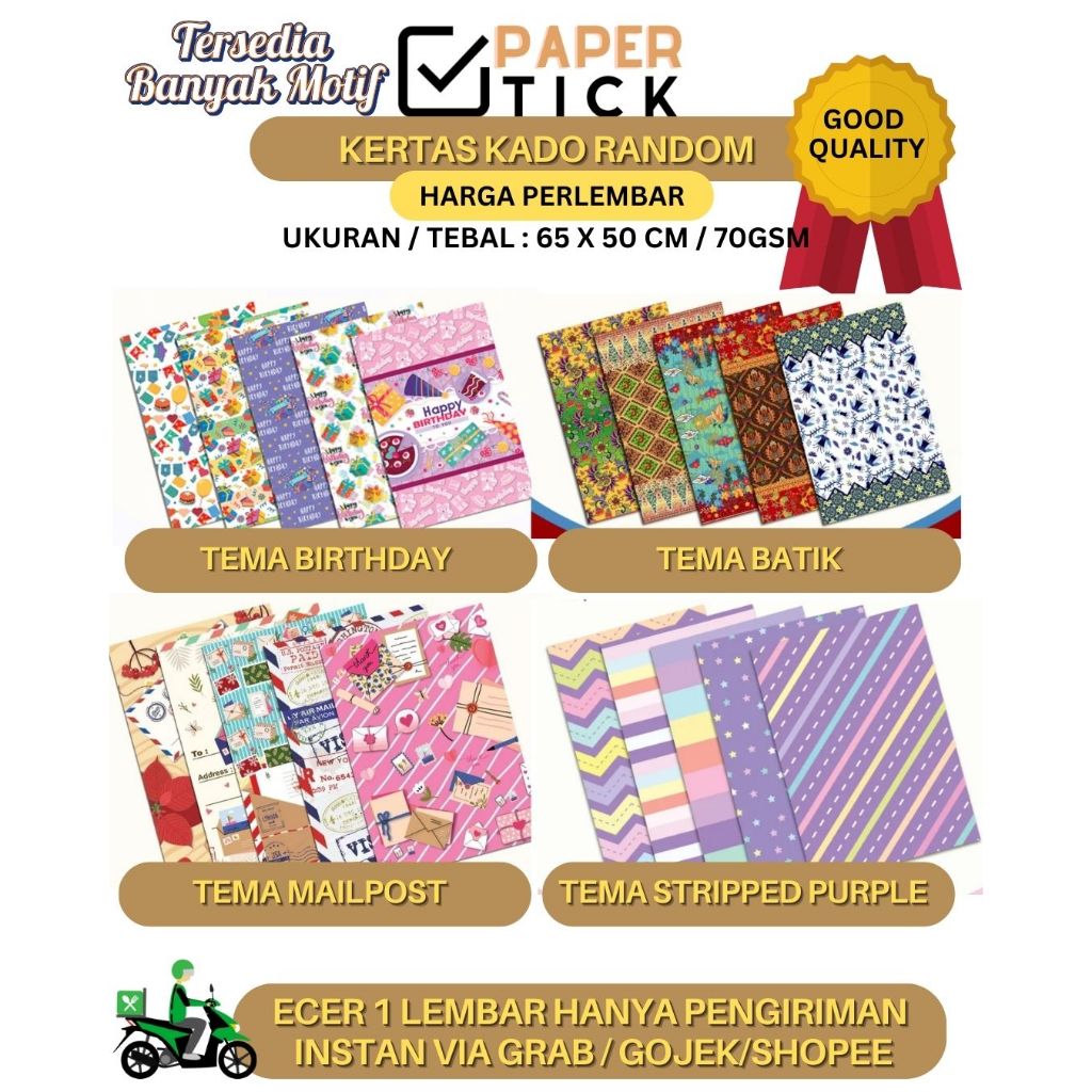

(1 LEMBAR) KERTAS KADO BUNGKUS KADO GAMBAR RANDOM (BOLEH PILIH MOTIF) INSTANT ONLY VIA GRAB / GOJEK/ SHOPEE EXPRESS