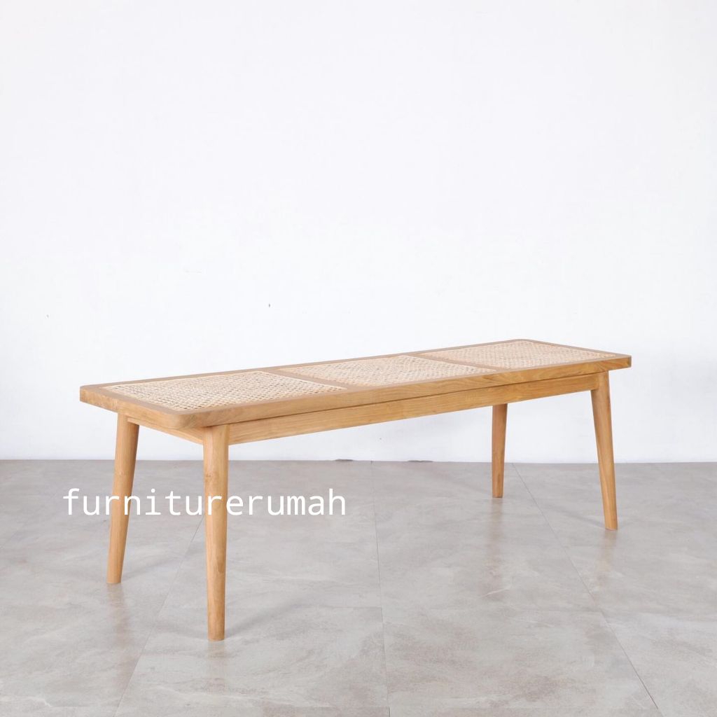 Bench Bangku Kayu Jati Klasik Minimalis Rotan, Bangku Kayu Jati Kombinasi Rotan