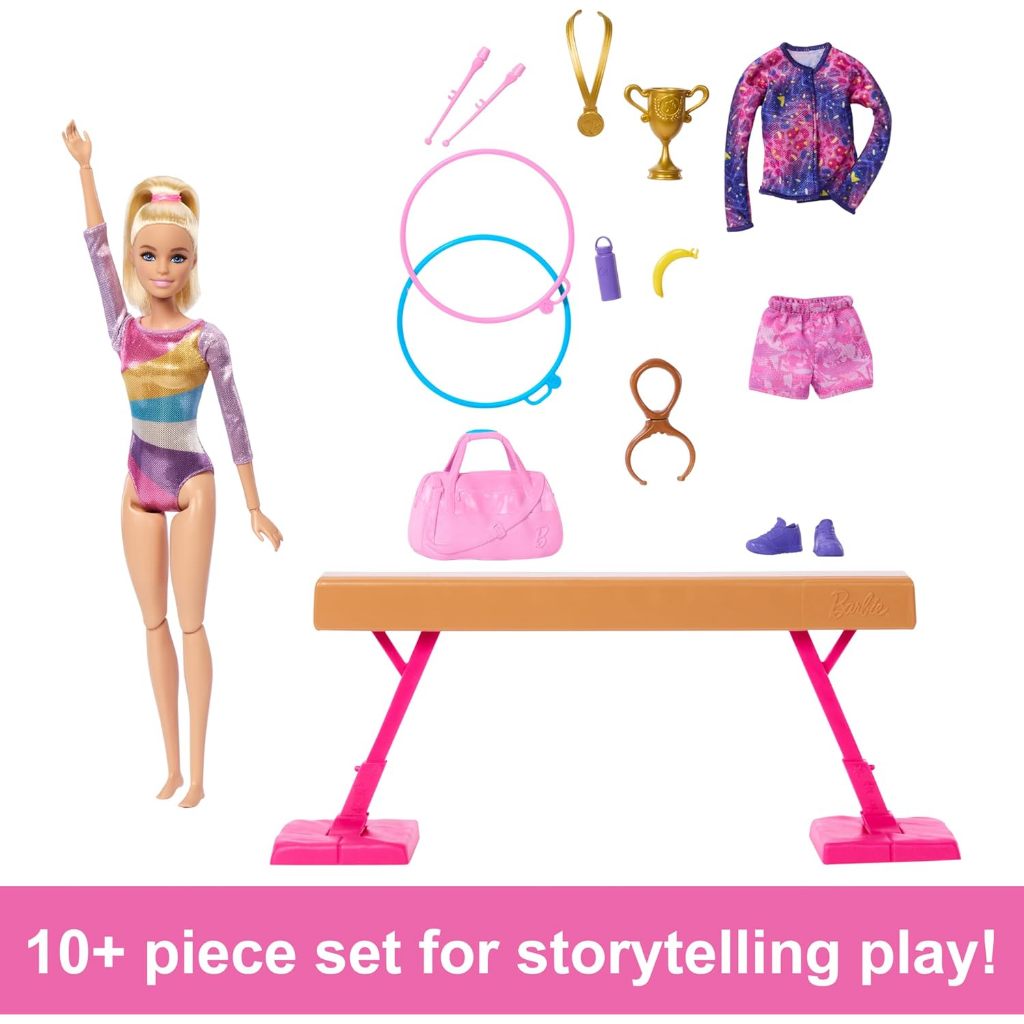 Barbie Careers Playset, Gymnastics Set with Blonde Gymnast Fashion Doll, C-Clip for Flipping Action,