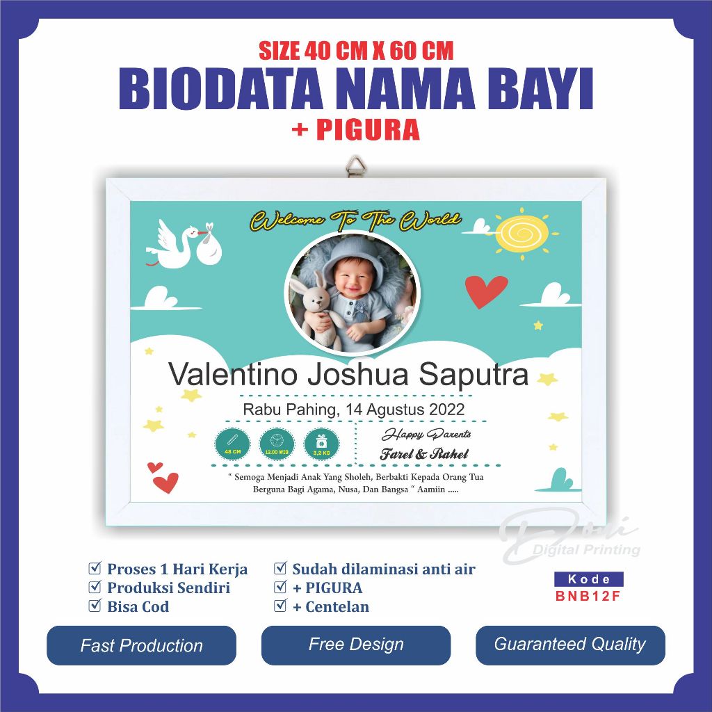 Biodata Kelahiran Bayi + Pigura Ukuran Jumbo 16 RS 40 cm x 60 cm BNB12