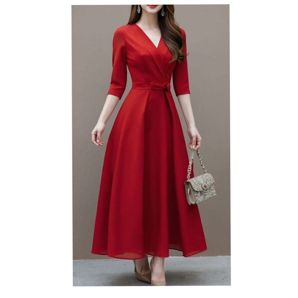 Nirmala Midi Dress Pesta Korean Style-Dress Natal Mewah Terbaru-Dress Bridesmaids-Dress Putih Hitam 