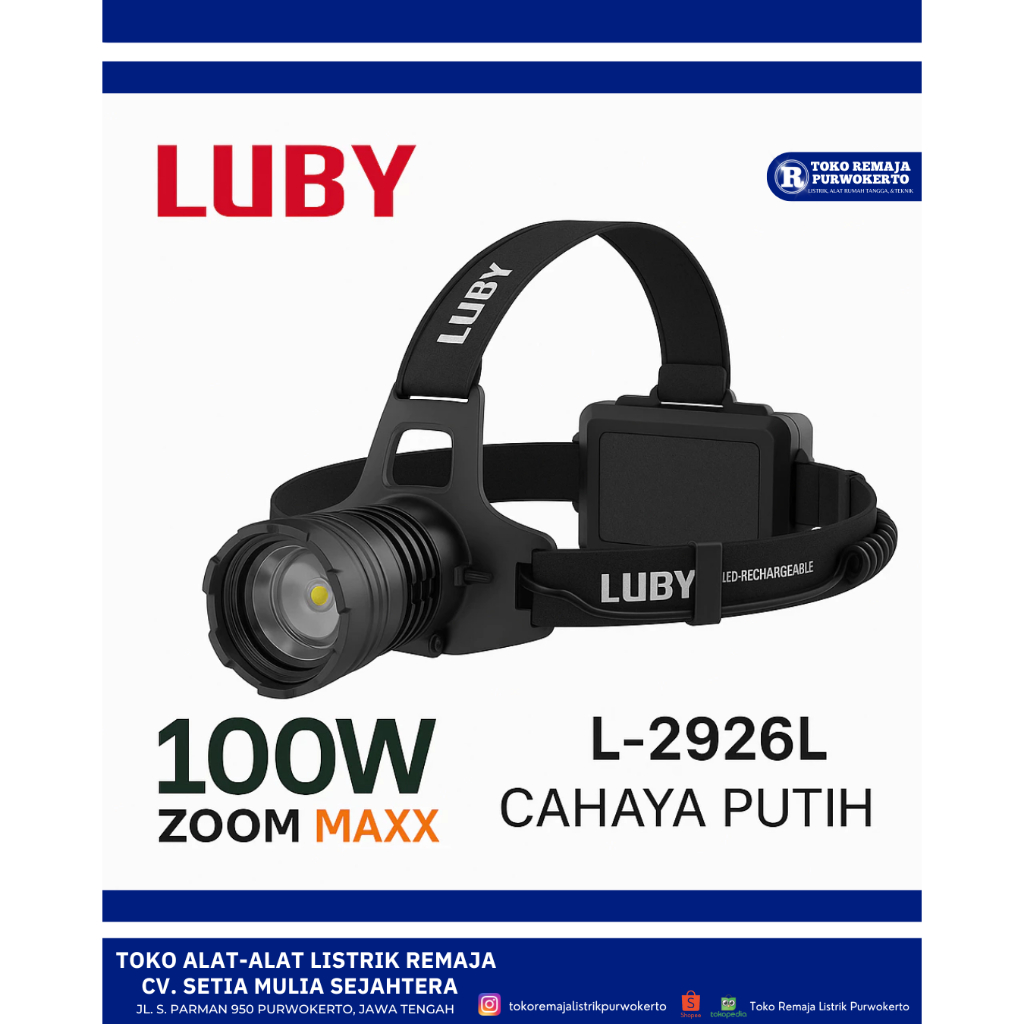SENTER KEPALA ZOOM 100 WATT LUBY 2926L CAHAY PUTIH / HEADLAMP RECHARGERABLE ZOOM MAX 2926L