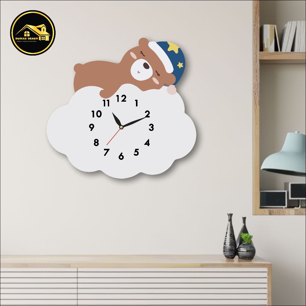 RUMAHDEKORAJA |Jam Dinding Anak Beruang Lucu | Jam Dinding Kamar Anak & Bayi | Jam Hias Dinding Este
