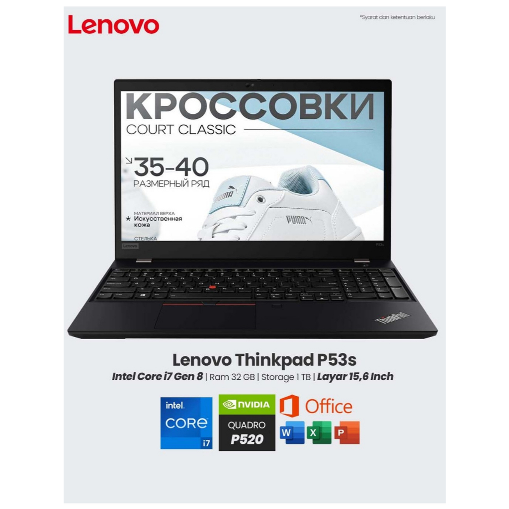 Laptop Gaming Lenovo Thinkpad P53s Core i7 Gen 8 RAM 32 GB SSD 1 TB Layar 15,6 inch Full HD GPU NVID