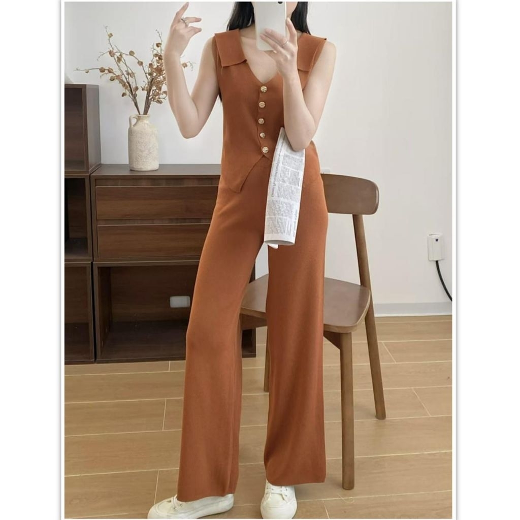 S9730 Pakaian Wanita Atasan vest dan celana panjang knit knitted rajut import premium koreanlook kor