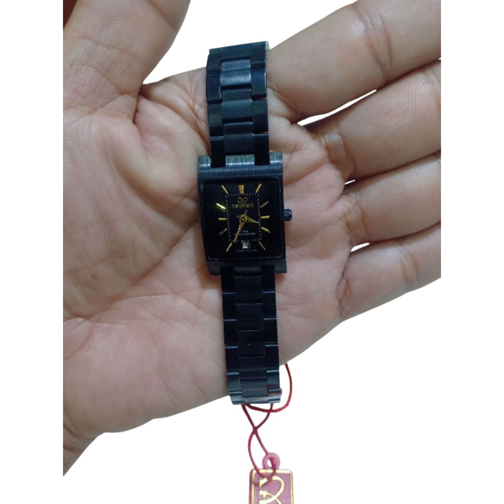 JAM TANGAN WANITA MIRAGE KOTAK M BSP7046 L TGL AKTIF TALI RANTAI HITAM STAINLESS STEEL WATER RESISTA