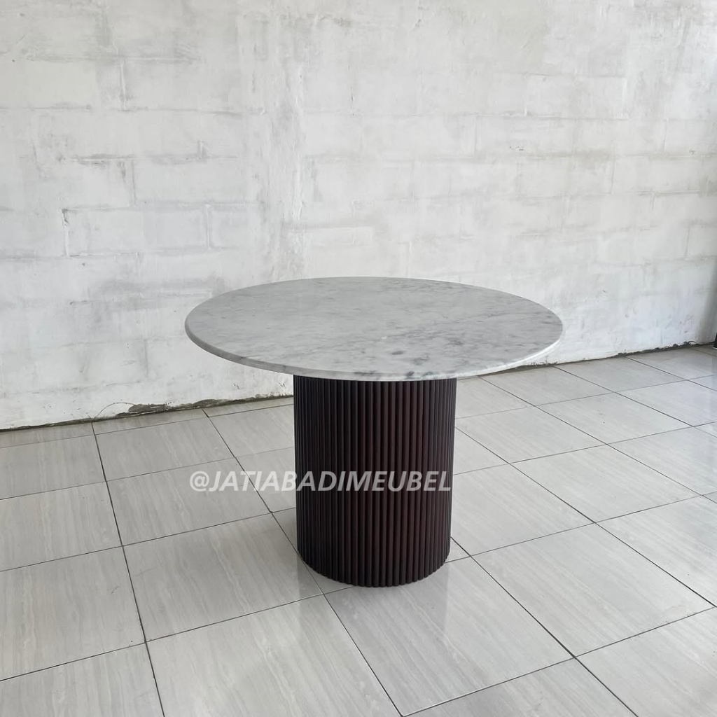 Meja Makan Bundar Top Marmer Kayu Jati, Meja Makan Bulat Marmer Kayu Jati Modern Minimalis