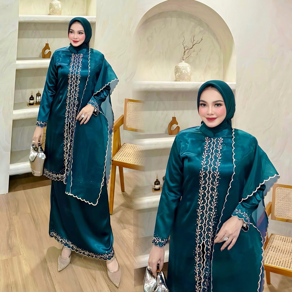 Setelan Baju Kurung Mahalini| Baju Kurung Dan Selendang| Baju Pesta| Kebaya Modern| Kebaya Mewah| Ke