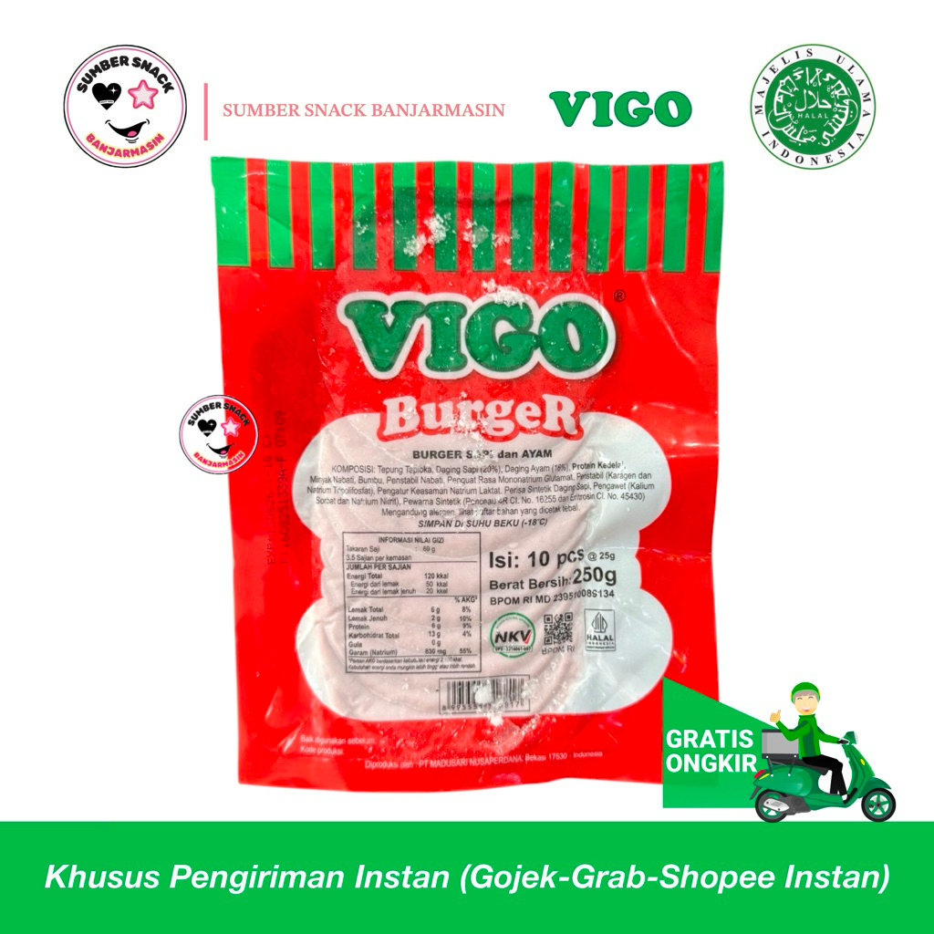 

Vigo Burger Sapi Dan Ayam (Isi 10 Pcs/Pack) (250g) (Frozen Food - Khusus Instan)
