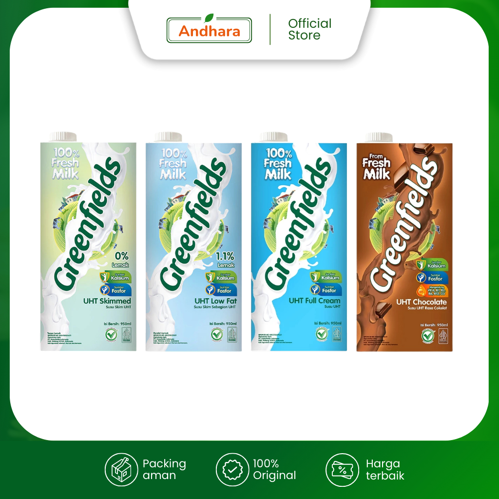 

Greenfields Susu UHT 950ml - Susu Cair Murni Siap Minum Aneka Rasa