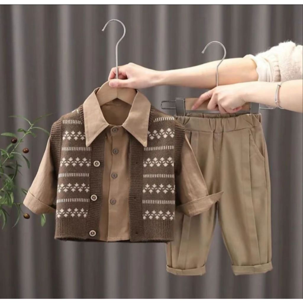 Setelan 3IN1 Anak Laki Laki Rompi Rajut Premium Kemeja Rayon Umur 1-5 Tahun Terbaru