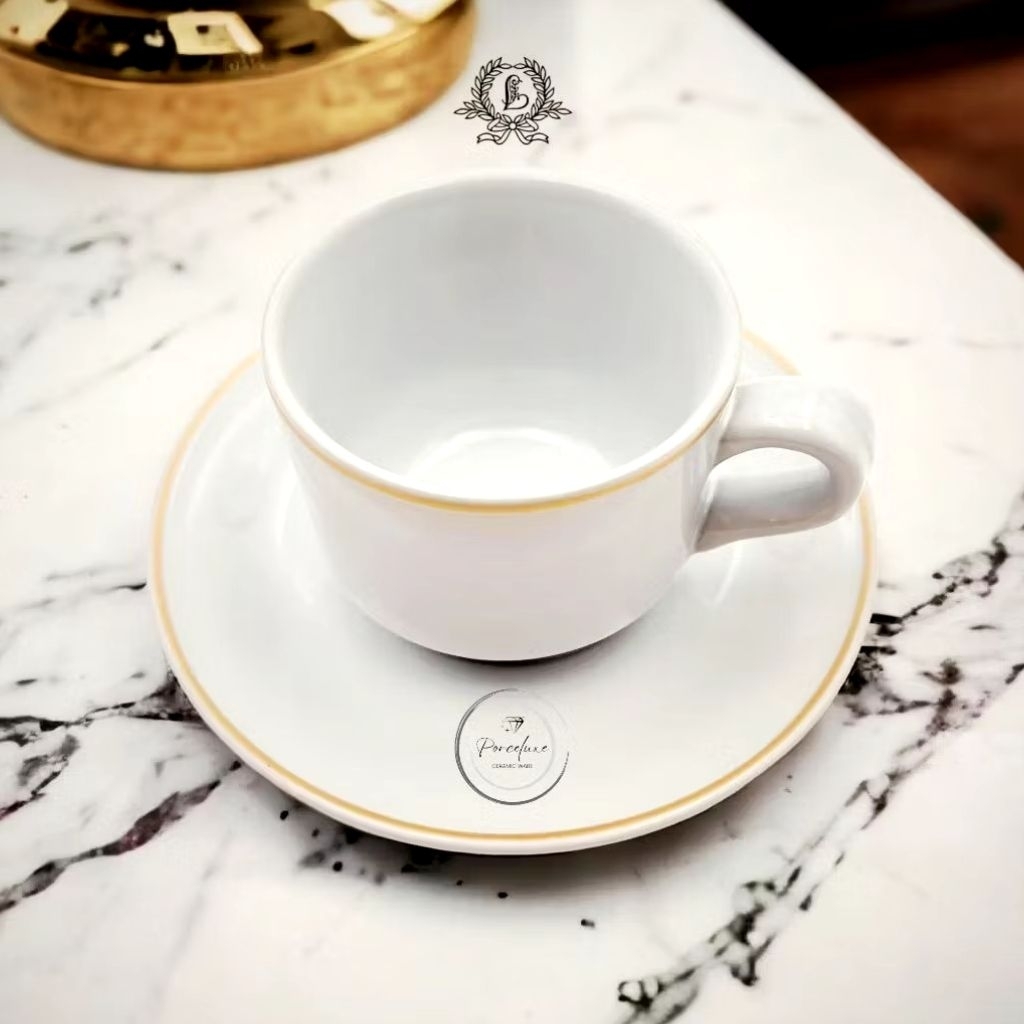 CANGKIR KERAMIK SWAN PUTIH LIST MAS BY LUCKY / CANGKIR KOPI/ CANGKIRI KERAMIK PREMIUM