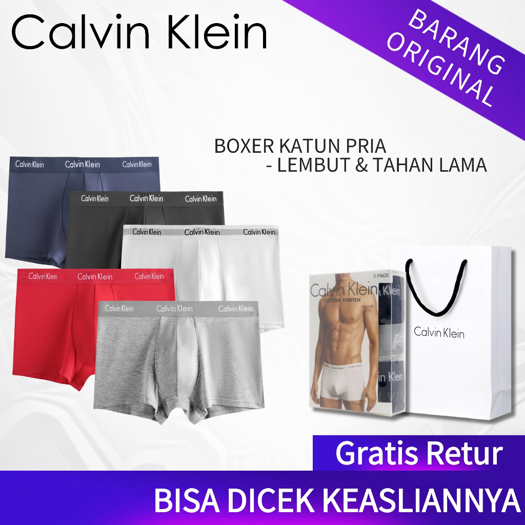 Celana Dalam Pria Calvin Klein 3 Pcs Boxer Shorts Cotton Breathable Anti-Bacterial Mid Waist