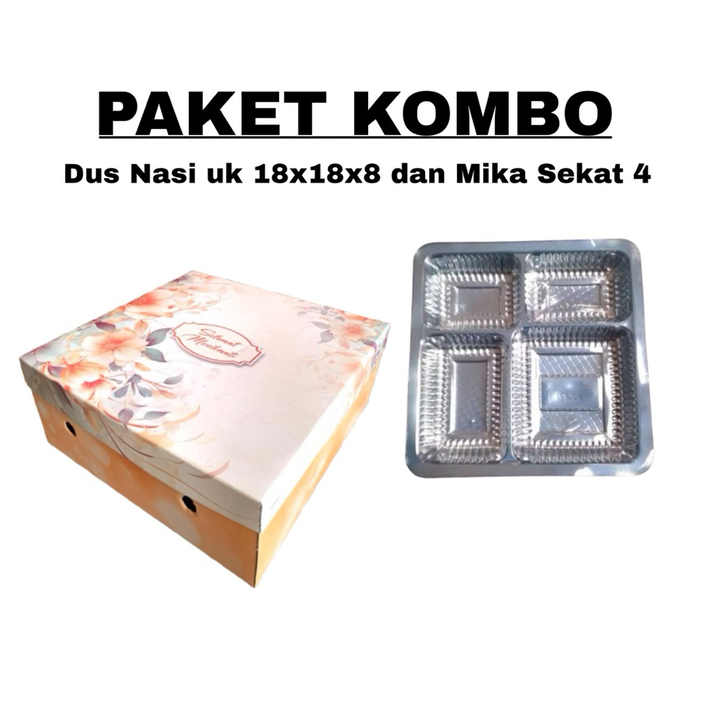 Paket Dus Nasi/ Kue dan Mika Sekat 4 | Kardus Nasi uk 18x18x8 | Mika Makanan |