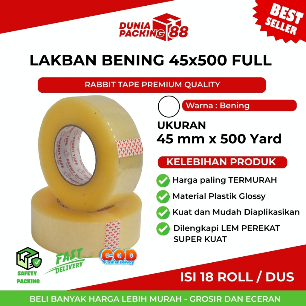 

Lakban Bening 500 Yard X 45 mm FULL Isolasi Jumbo Selotip 2 Inch Tape Kualitas Rabbit Tape / Solasi Lakban Bening [Dunia Packing88]
