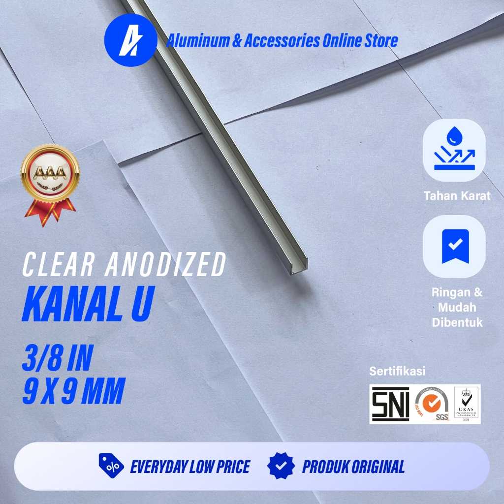 Aluterra Aluminium U | List U | Kanal U | 9x9mm 3/8 Inch Tebal 0.9 mm