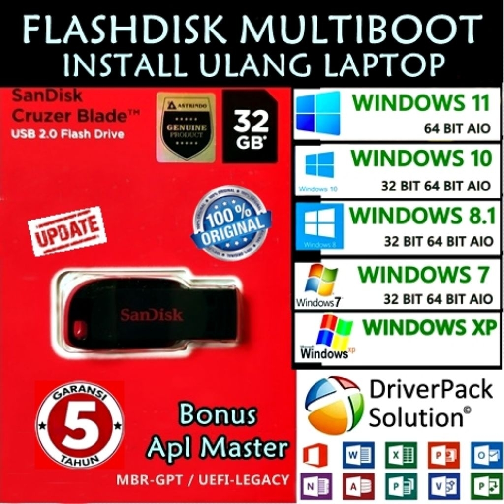 Flashdisk Sandisk Original MultiBootable Windows 7 8.1 10 11 Xp