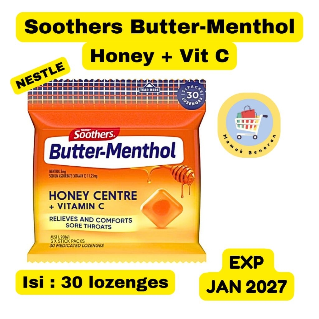 Soothers Butter-Menthol Lozenges 3 x 10 honey centre VIT c sore throat permen radang tenggorokan