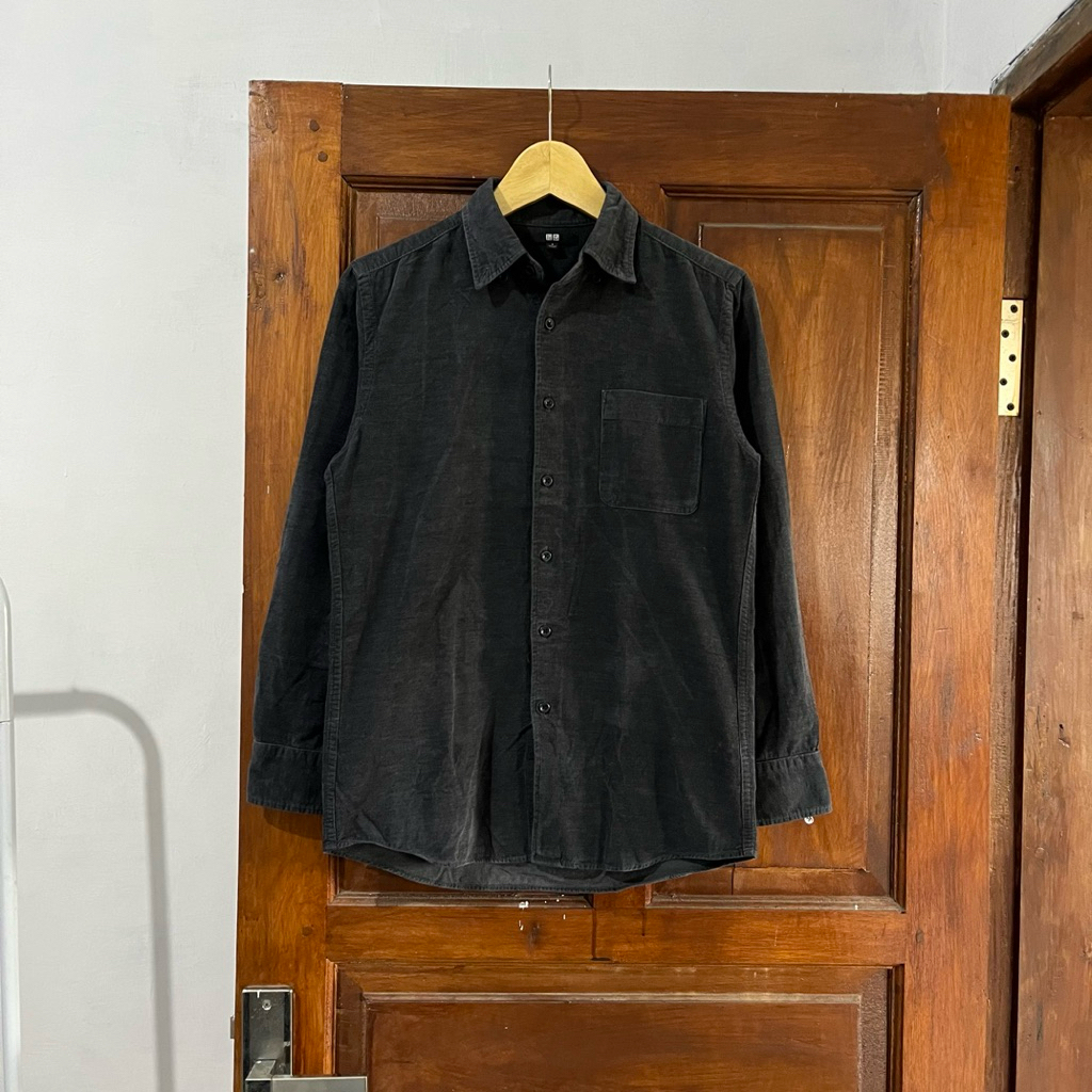 [S] Uniqlo Corduroy Shirt Long Sleeve I Charcoal I Vintage Vtg Retro Kemeja Garis-garis Salur Outer 