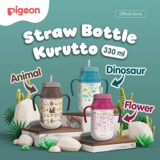 PIGEON Straw Bottle Kurutto | Botol Minum Bayi Sedotan | Botol Minum Bayi 330ml | Botol Minum Anti T